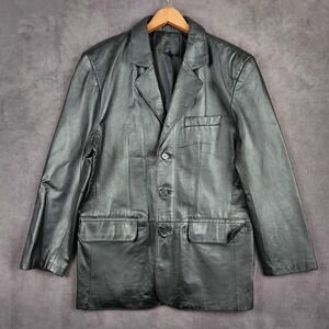 Junction West Jacket Mens Large Black Leather Blazer Coat 3 Button Lined Casual